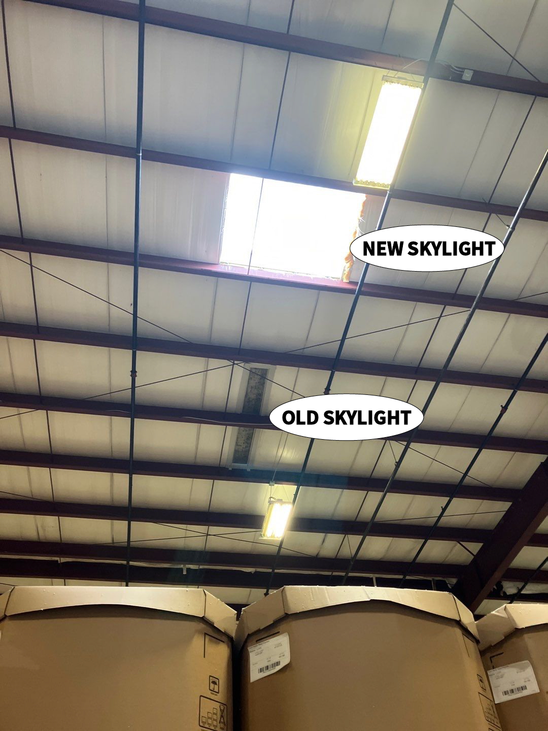 After photo - Final centered view highlighting the completed skylight modernization and safety screen installation with 20-year warranty