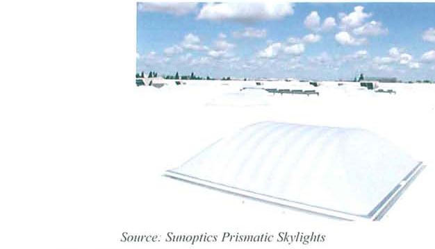 Two photographs of prismatic domed plastic skylights on a snow-covered commercial roof and a close-up of a domed skylight unit
