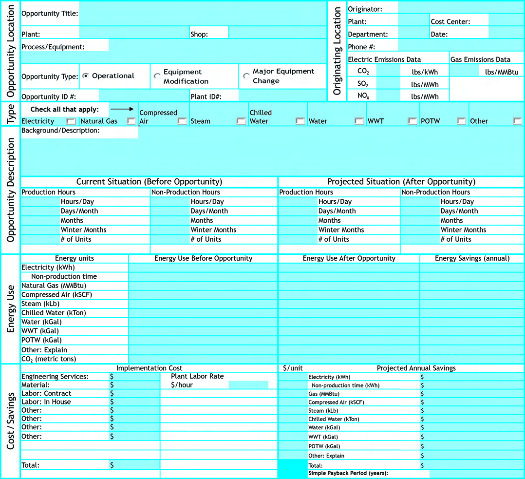 Example opportunity detail sheet form with fields for plant location, opportunity type, energy use, before-and-after estimates of production and energy, implementation cost, and projected annual cost savings and simple payback