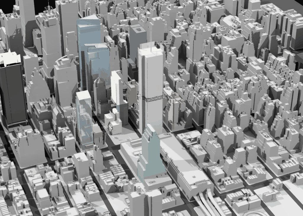 Simulated rendering of the New York Times building within its Manhattan urban context.