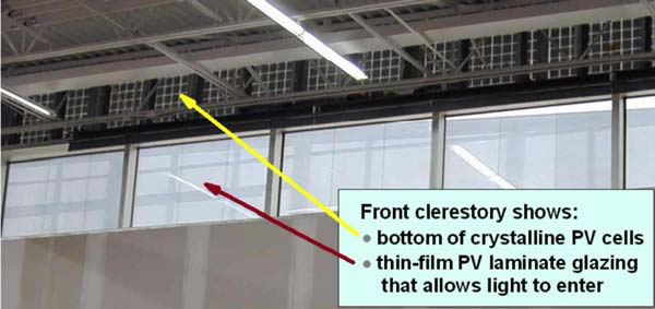 Front clerestory showing the bottom of crystalline PV cells above and thin-film PV laminate glazing that allows light to enter