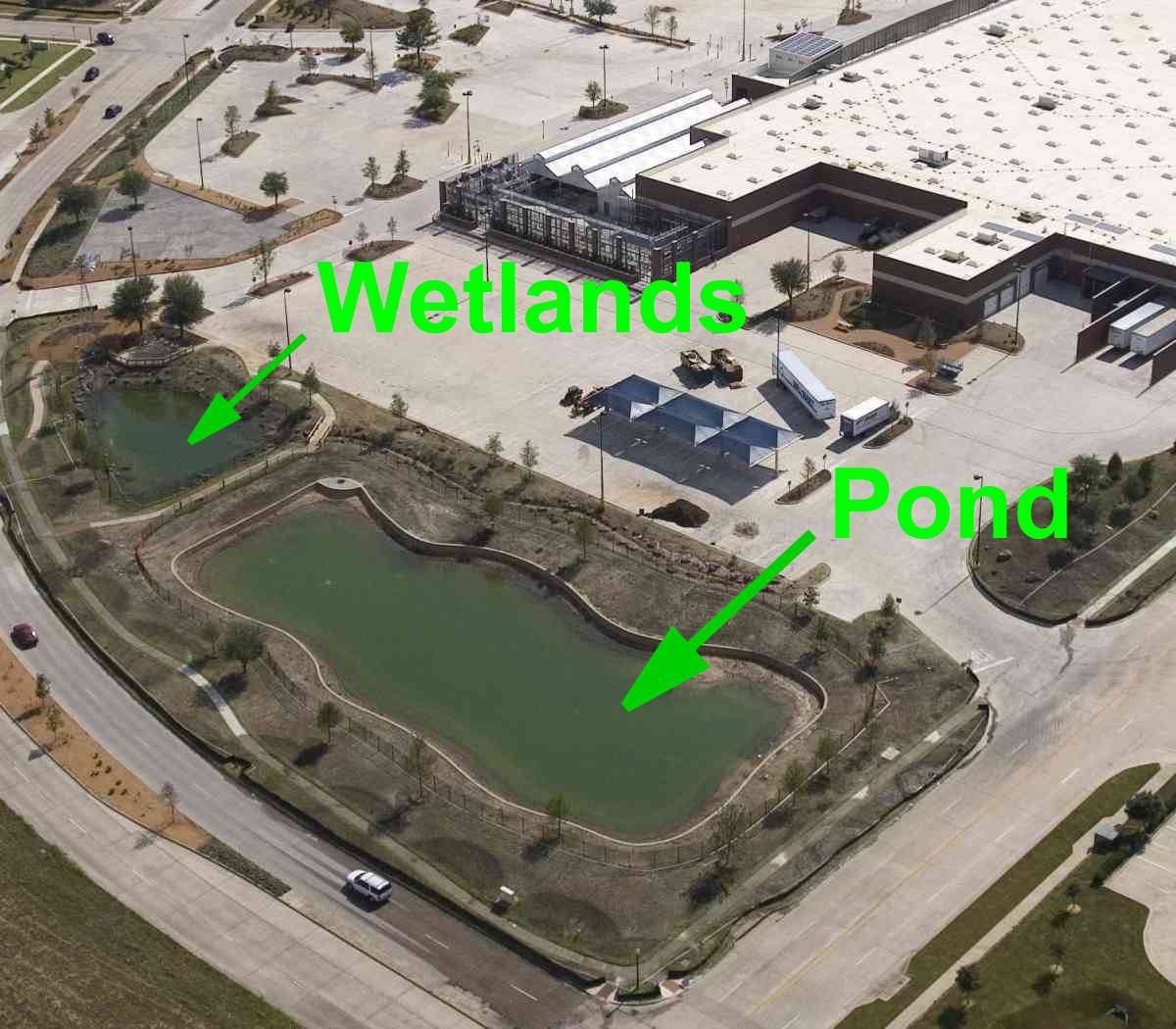 Aerial view of the McKinney experimental site showing the pond and wetlands, July 2005