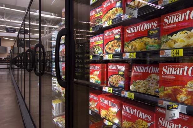 Low-temperature glass-door display fixtures with LED lighting