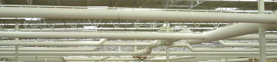 Fabric duct (ductsox) low-velocity thermal displacement air distribution system mounted above the sales floor
