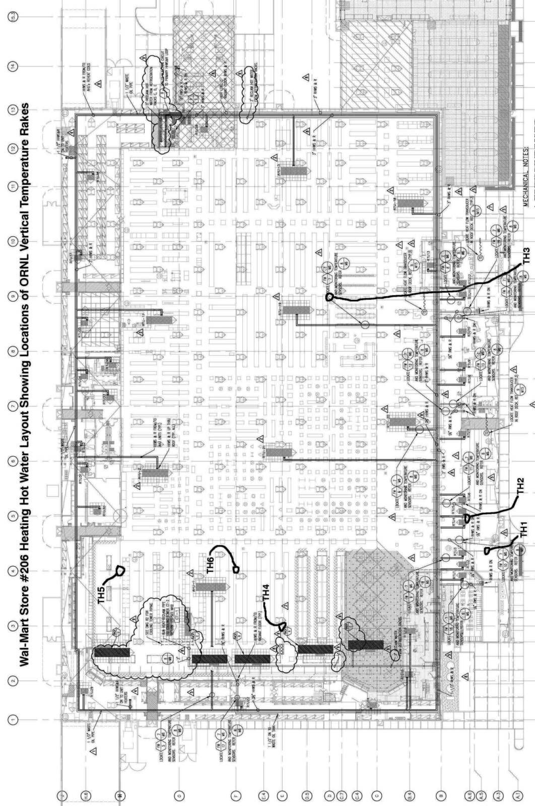 Wal-Mart Store #206 heating hot water layout showing locations of ORNL vertical temperature rakes (TH1–TH6)