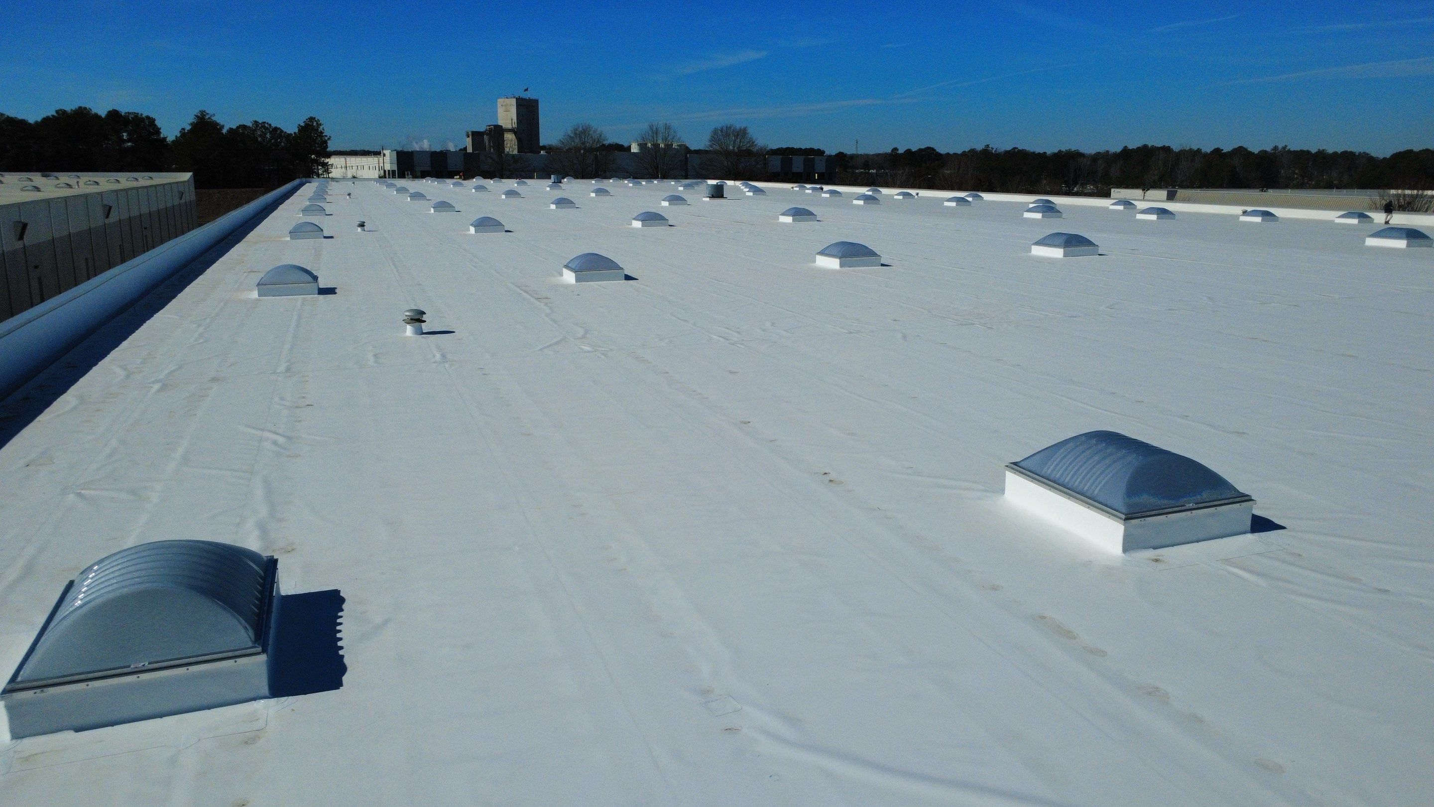After photo - Detailed view of the new TPO roof system with Sunoptics 5x6 skylights and Curbs+ safety screen assemblies